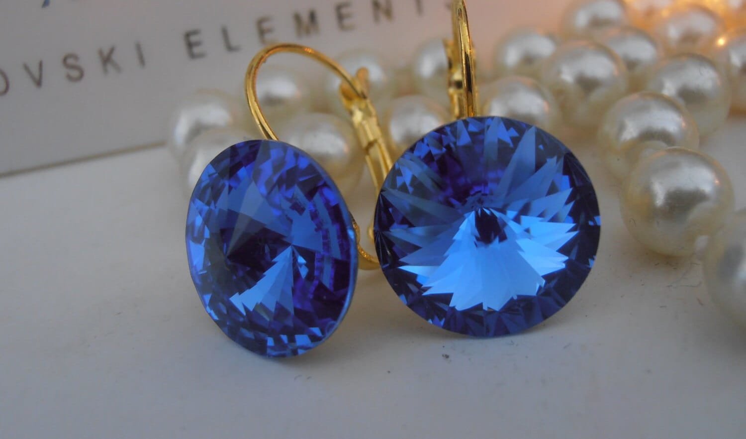 Sapphire Blue Rivoli Earrings | Big Crystal Dangle Earrings | Lever back Drop Earring