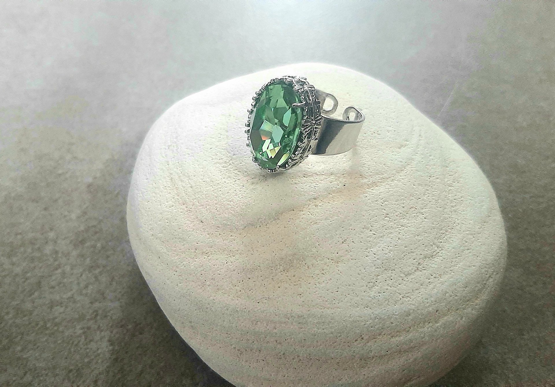 Chrysolite Platinum Cocktail Adjustable Ring, Green Band Ring, Art Deco Jewelry, Women 40th Birthday Gift, Crystal Oval Cuff