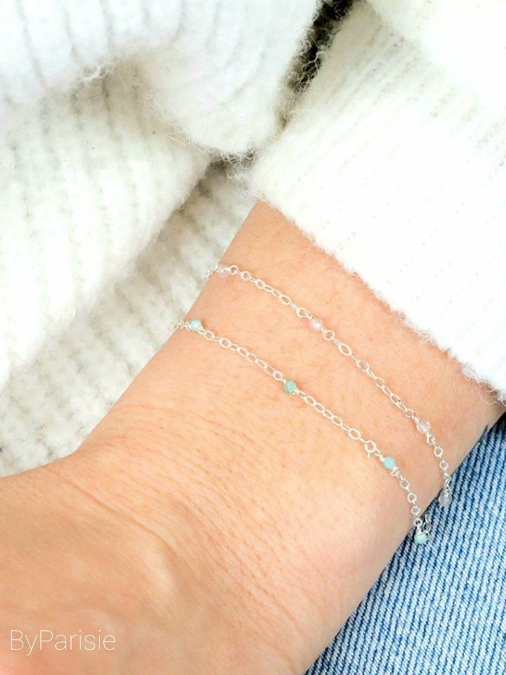 Sterling silver Minimalist Gemstone Beaded Bracelet, Everyday Dainty Jewelry, 30th Birthday Gift, Thin Chain