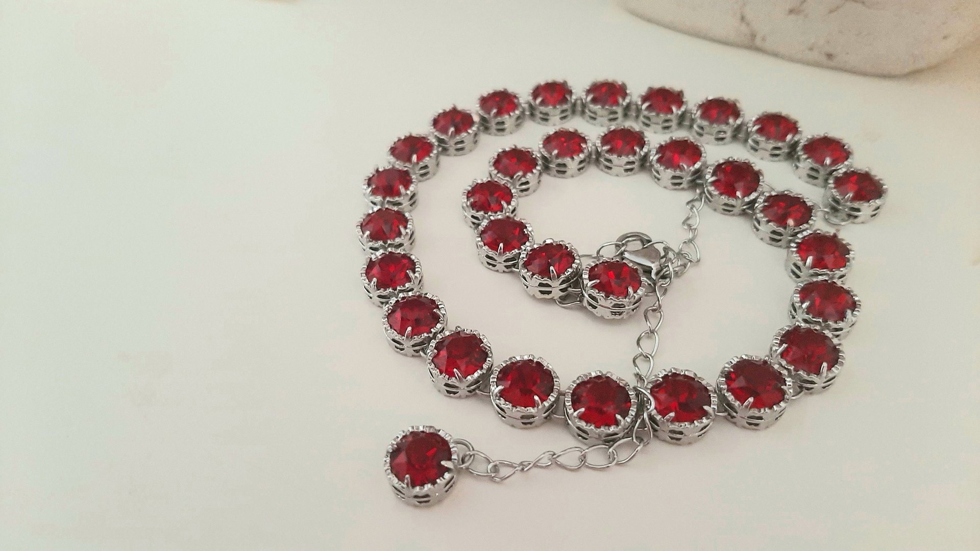 Ruby Red Collet Necklace in Platinum, Art Deco Crystal Choker, Anniversary Jewelry for Women, Birthday Gift for Mom