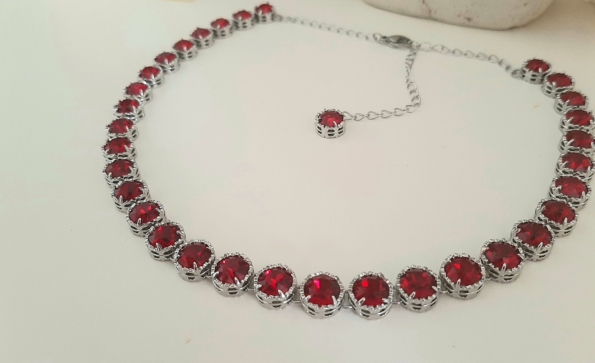 Ruby Red Collet Necklace in Platinum, Art Deco Crystal Choker, Anniversary Jewelry for Women, Birthday Gift for Mom