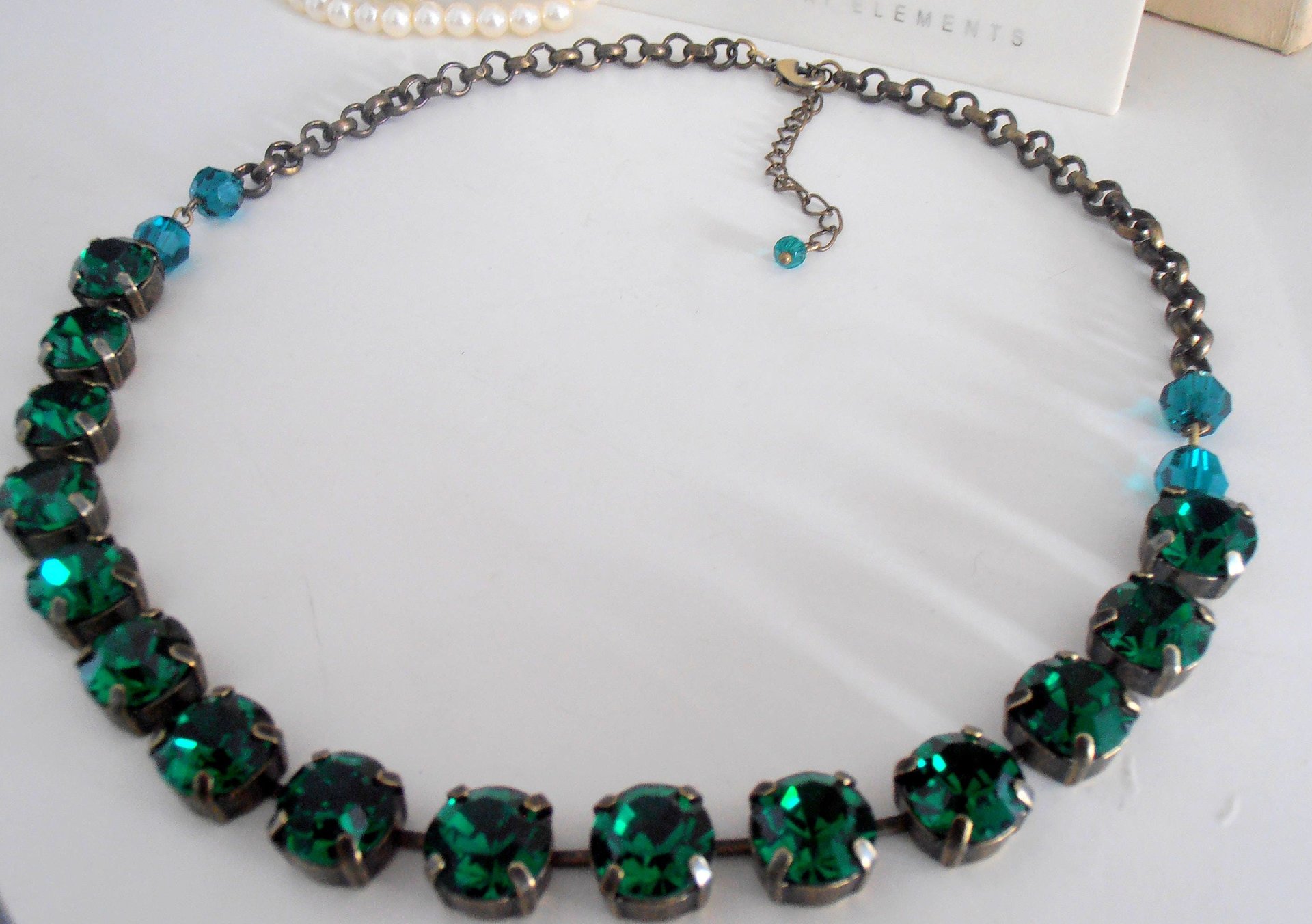 Emerald Tennis Necklace made with Crystal Chatons, Green Choker, Antique Jewelry, Bronze 10mm Cup chain, Georgian Collet