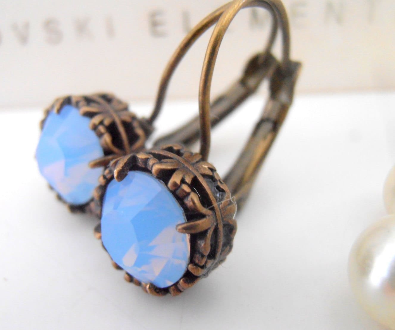 Air Blue Opal Art Deco Bronze Earrings, Dangle Drop Leverback, Filigree Antique Jewelry, Vintage Birthday Gift