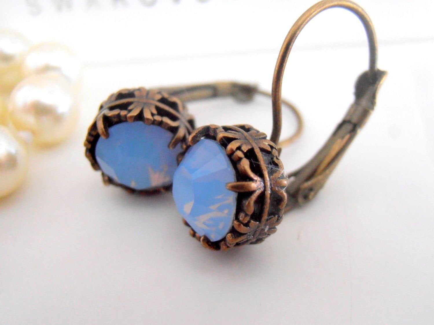 Air Blue Opal Art Deco Bronze Earrings, Dangle Drop Leverback, Filigree Antique Jewelry, Vintage Birthday Gift