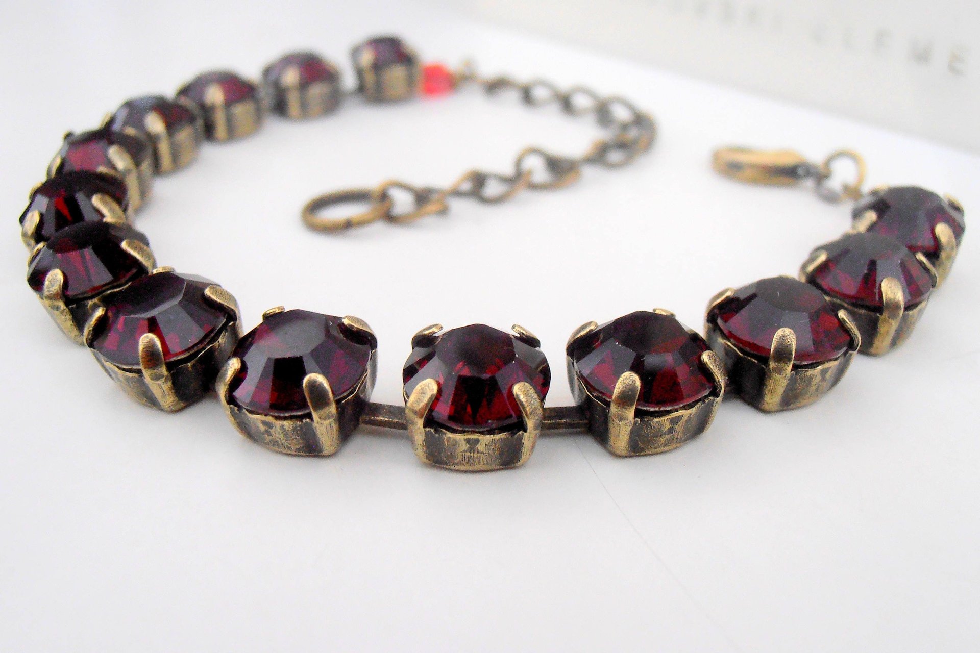 Garnet Red Tennis Bracelet with Crystals SS39 / 8mm Cupchain / Antique Bronze Jewelry / Vintage Wine Red / Valentines day