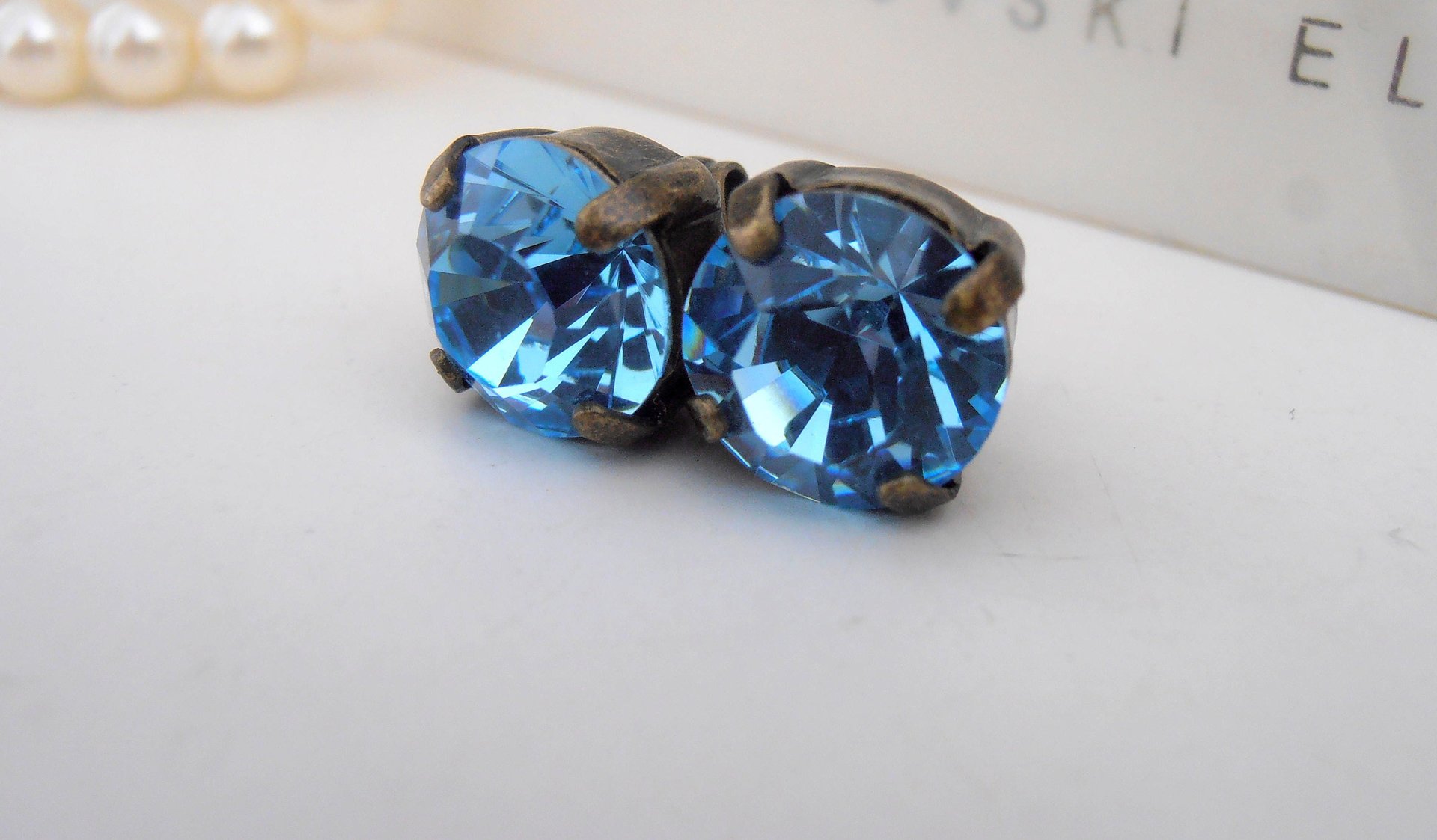 Aquamarine Blue Crystal Stud Earrings, Pierced Post Earrings 8mm, Antique Bronze Vintage Style Jewelry, Birthday Gift For Her