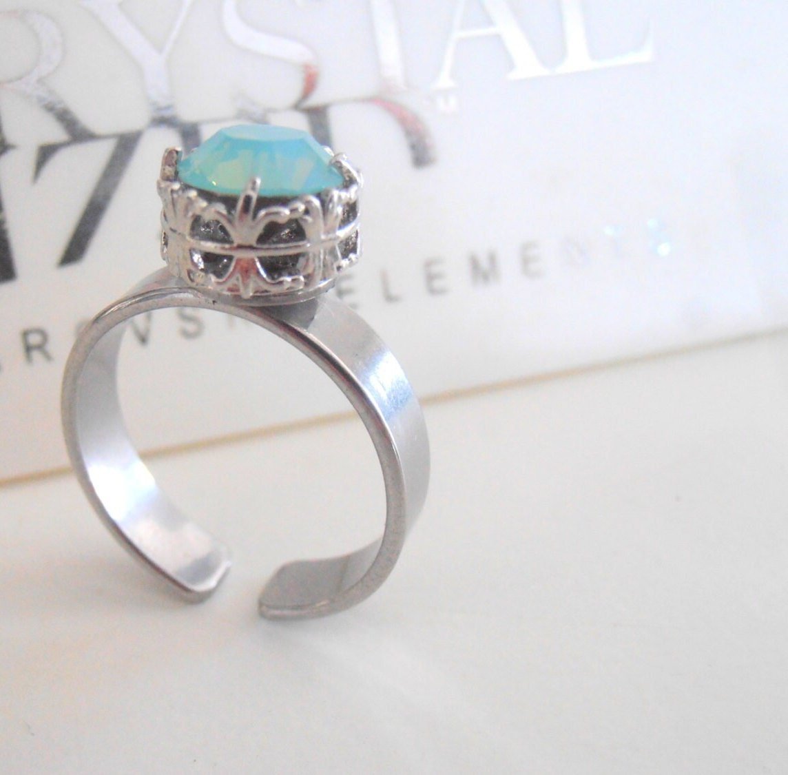 Pacific Opal Surgical Steel Filigree adjustable Ring • Art Deco Women Jewelry • Birthday Gift