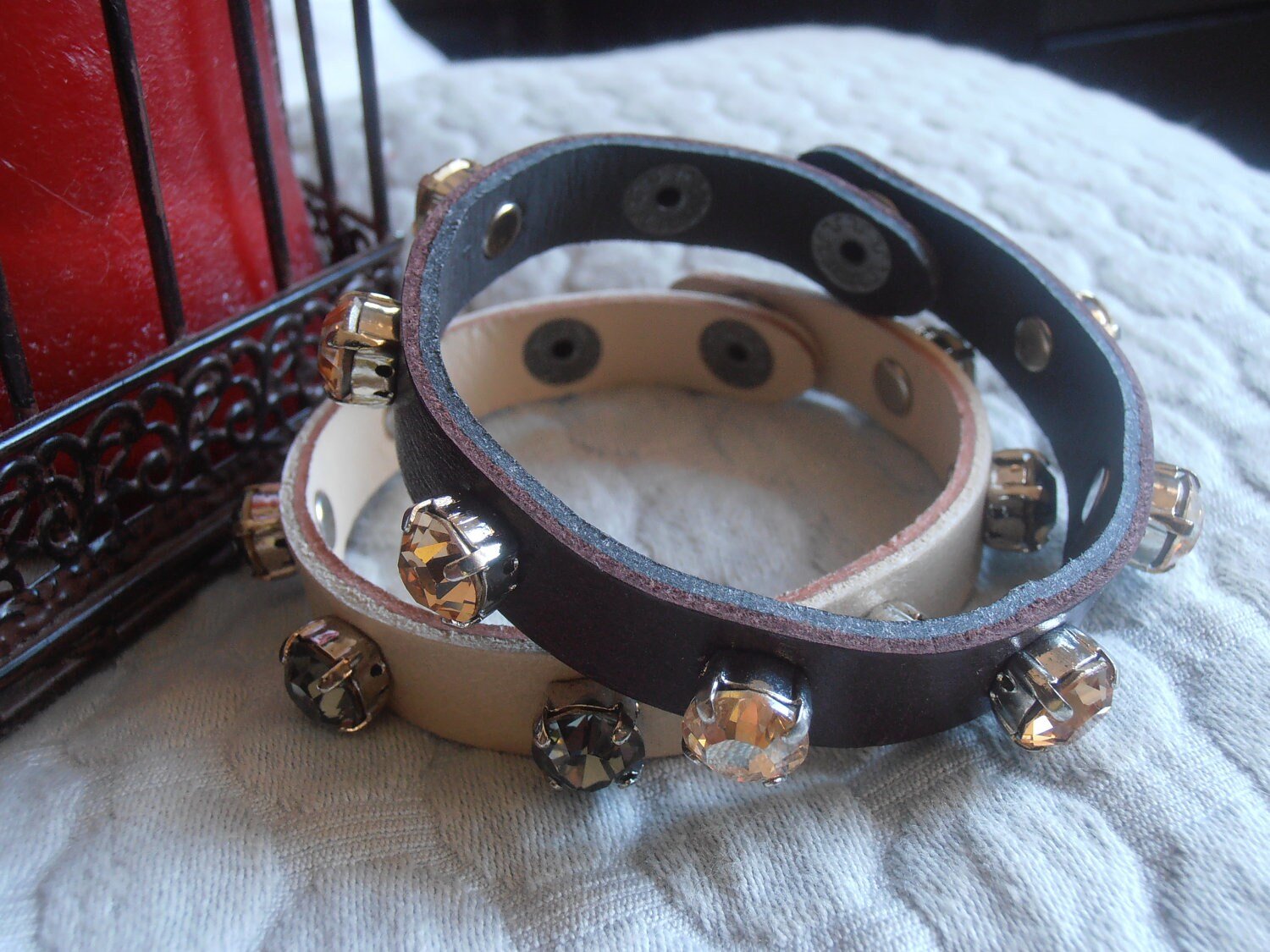 Crystal Cuff Bracelet / Brown Leather Wrap Bracelet / bohemian / Strap Bracelet / Gift for her / Bangles