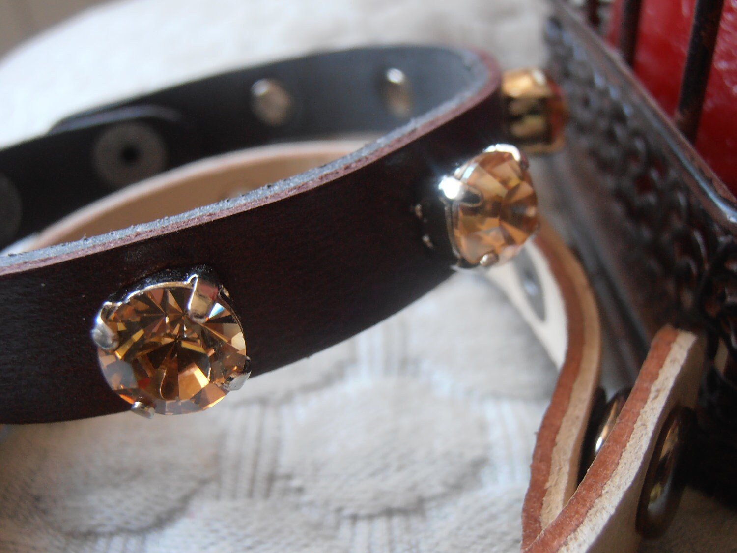 Crystal Cuff Bracelet / Brown Leather Wrap Bracelet / bohemian / Strap Bracelet / Gift for her / Bangles