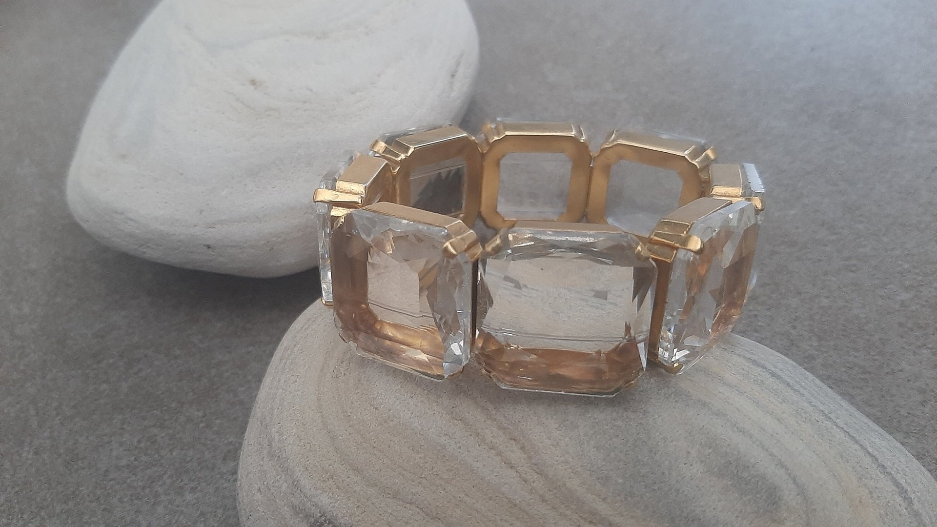 Clear Transparent Gold Stretch Bracelet 4675, Square Crystal cuff, Chunky Summer Jewelry, Statement Beach Accessories