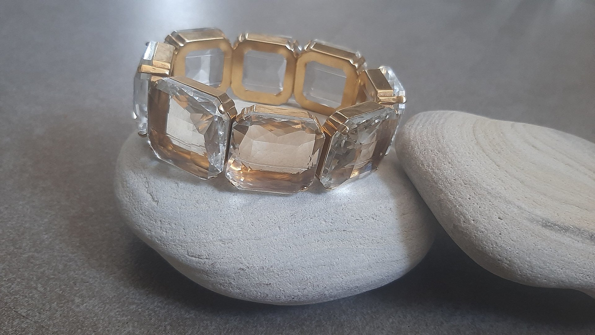 Clear Transparent Gold Stretch Bracelet 4675, Square Crystal cuff, Chunky Summer Jewelry, Statement Beach Accessories