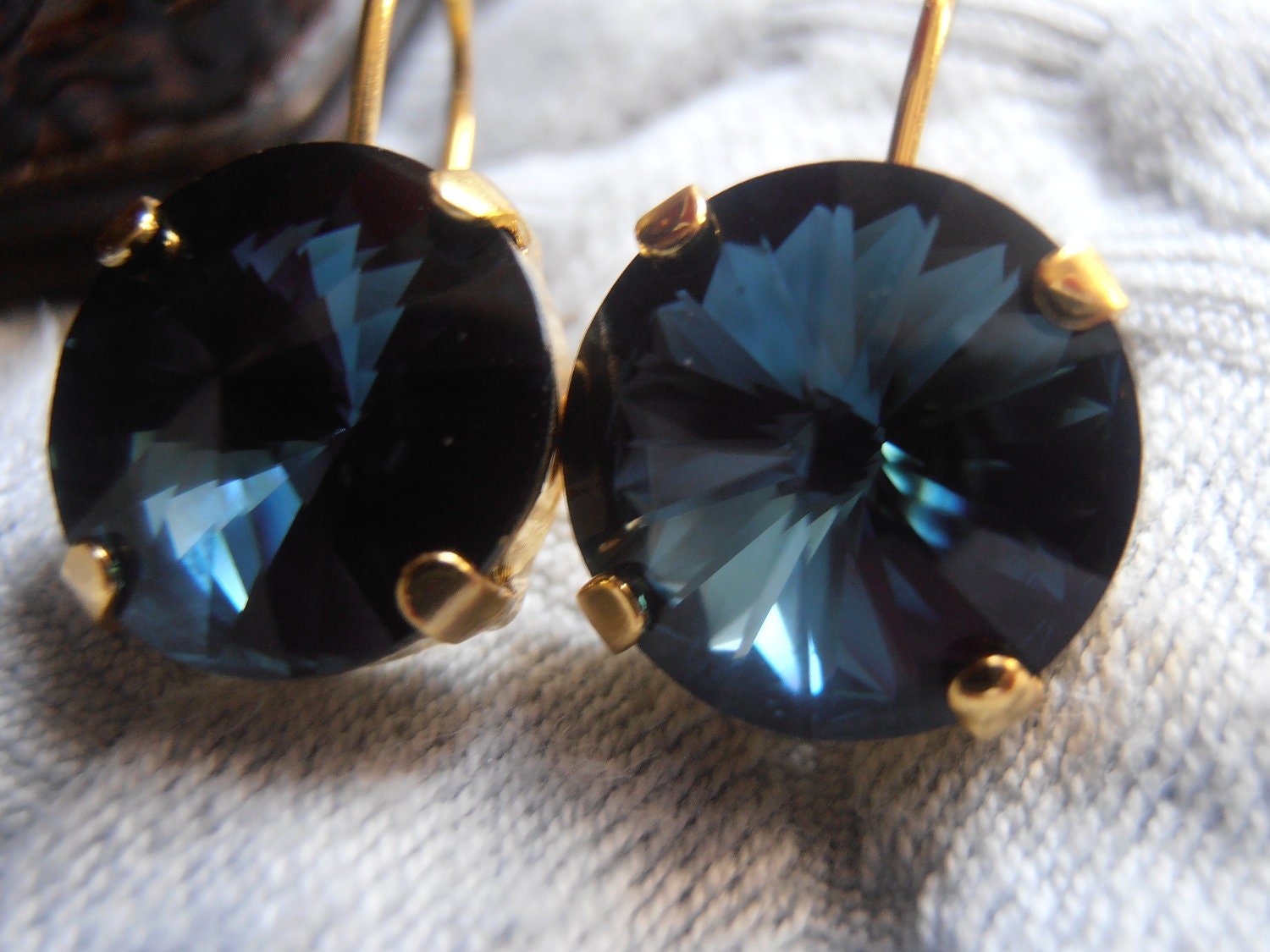 Montana Rivoli Crystal Earrings / 12mm Round Gold Earrings / Hook Dangle Drop setting / Christmas Gift