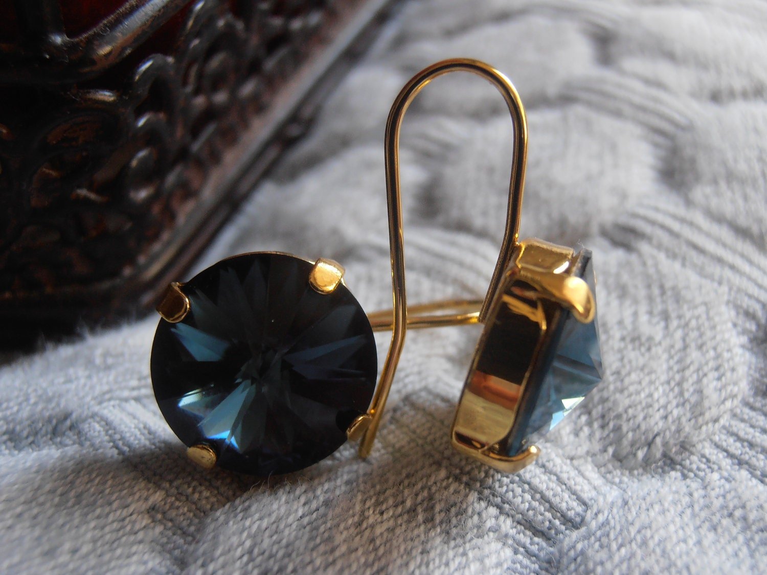 Montana Rivoli Crystal Earrings / 12mm Round Gold Earrings / Hook Dangle Drop setting / Christmas Gift