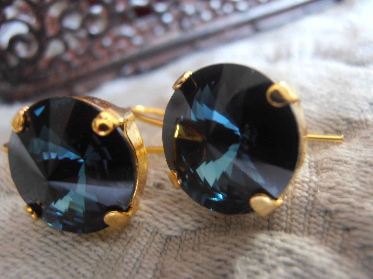 Montana Rivoli Crystal Earrings / 12mm Round Gold Earrings / Hook Dangle Drop setting / Christmas Gift