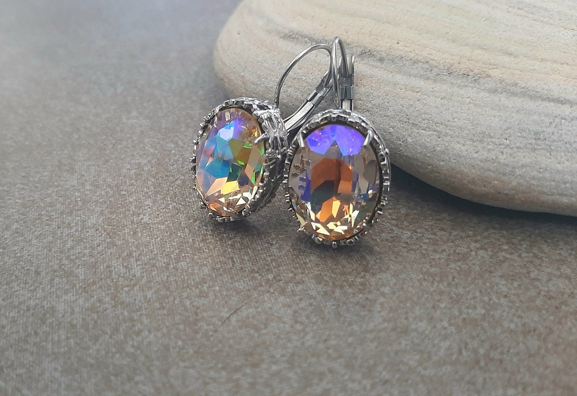 Aurora Shimmer Oval Platinum Cocktail Earrings, Art Deco Women Jewelry, Vertical, Dangle & Drop, Summer Accessories, Wife Anniversary Gift