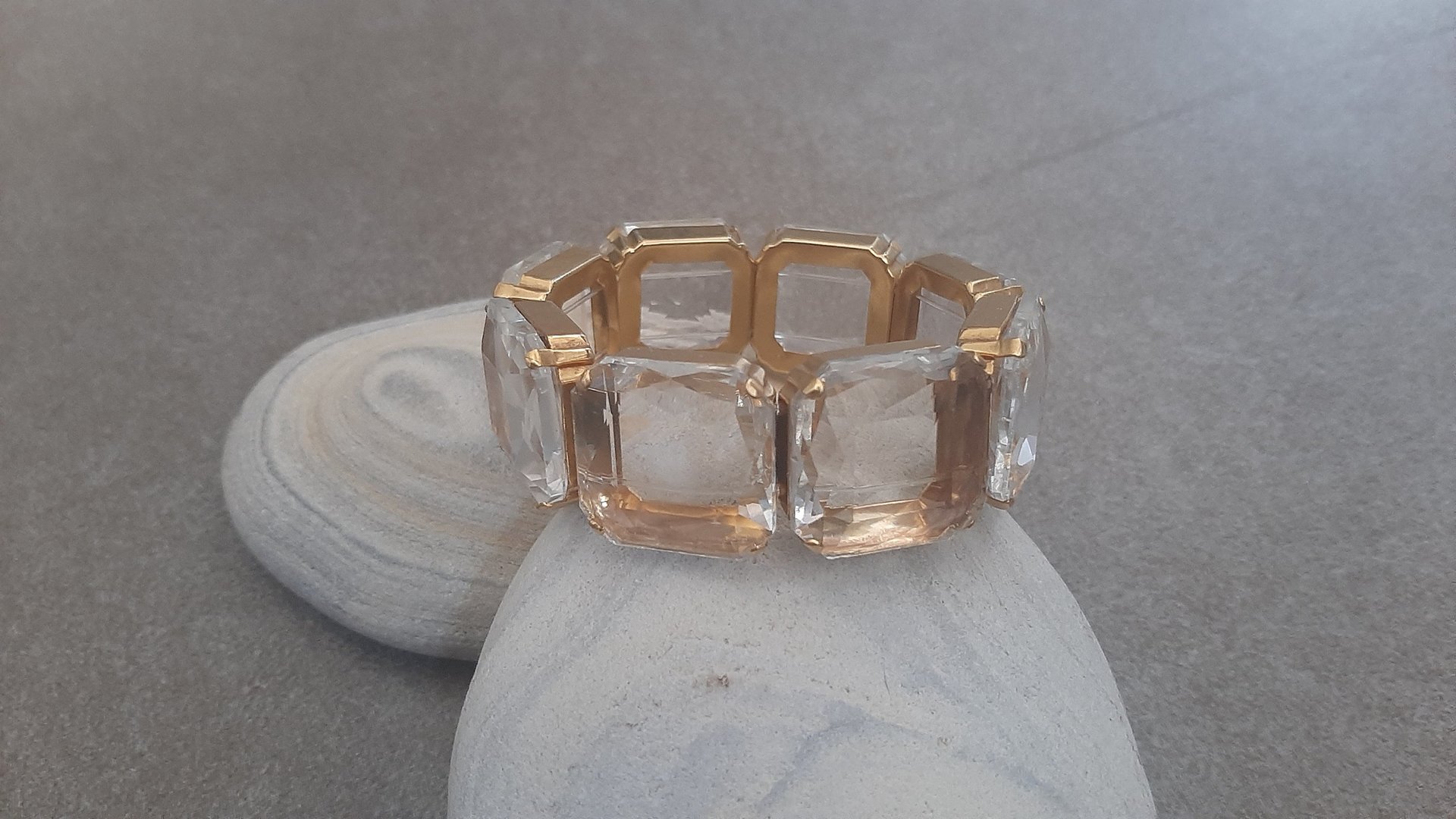 Clear Transparent Gold Stretch Bracelet 4675, Square Crystal cuff, Chunky Summer Jewelry, Statement Beach Accessories