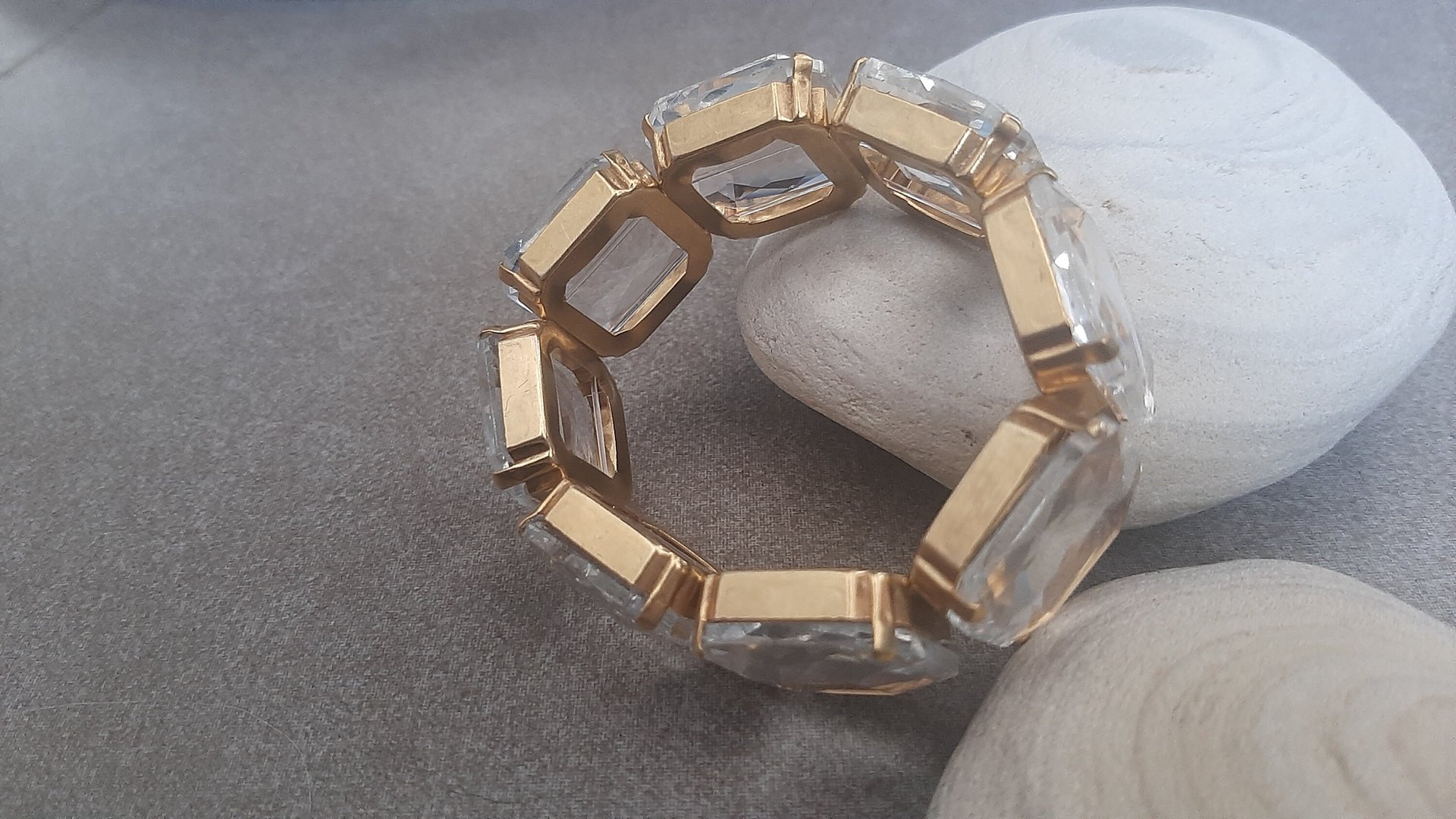 Clear Transparent Gold Stretch Bracelet 4675, Square Crystal cuff, Chunky Summer Jewelry, Statement Beach Accessories