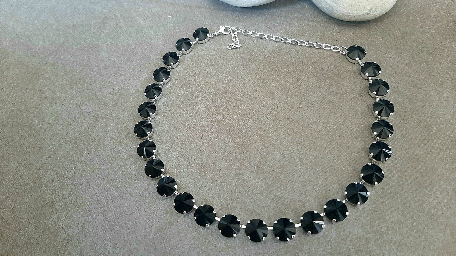 Jet Black Crystal Rivoli Tennis Choker 12mm, Anna Wintour Silver Vienna Necklace, Women Jewelry, Round Cup chain, Girlfriend Gift