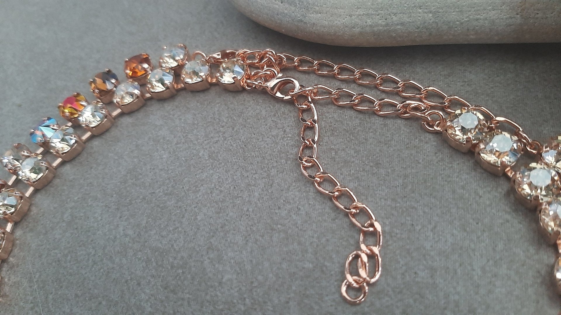 Copper Multi color Rose Gold Tennis Necklace, Golden Shadow Crystal Choker, Women Jewelry, Wife Birthday Gift, Cup chain setting