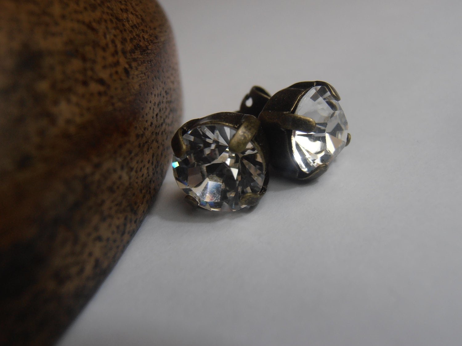 Clear Crystal Pierced Stud Earrings 8mm, Antique Bronze Jewelry, Girls Costume Prom Jewels, Birthday Gift