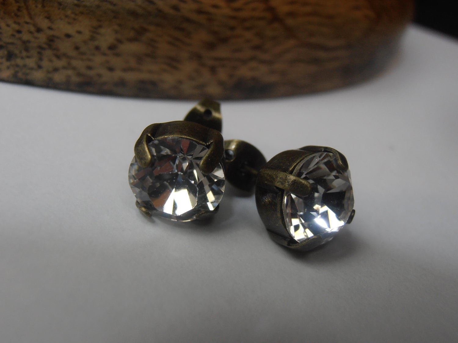 Clear Crystal Pierced Stud Earrings 8mm, Antique Bronze Jewelry, Girls Costume Prom Jewels, Birthday Gift