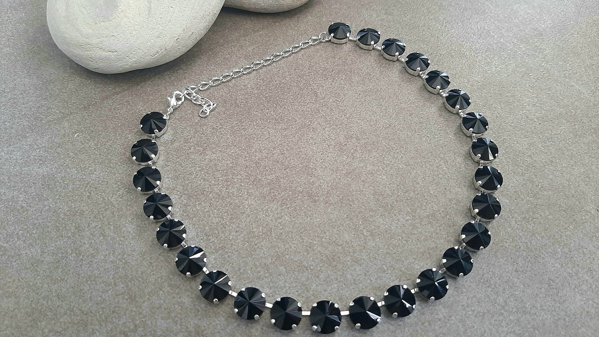 Jet Black Crystal Rivoli Tennis Choker 12mm, Anna Wintour Silver Vienna Necklace, Women Jewelry, Round Cup chain, Girlfriend Gift