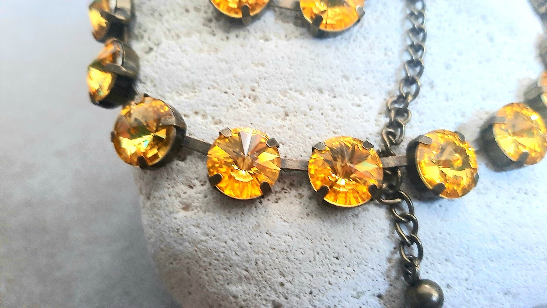 Light Topaz Yellow Rivoli Bronze Necklace, Anna Wintour Crystal Choker, Antique Jewelry, Tennis Cup chain, Girlfriend Gift