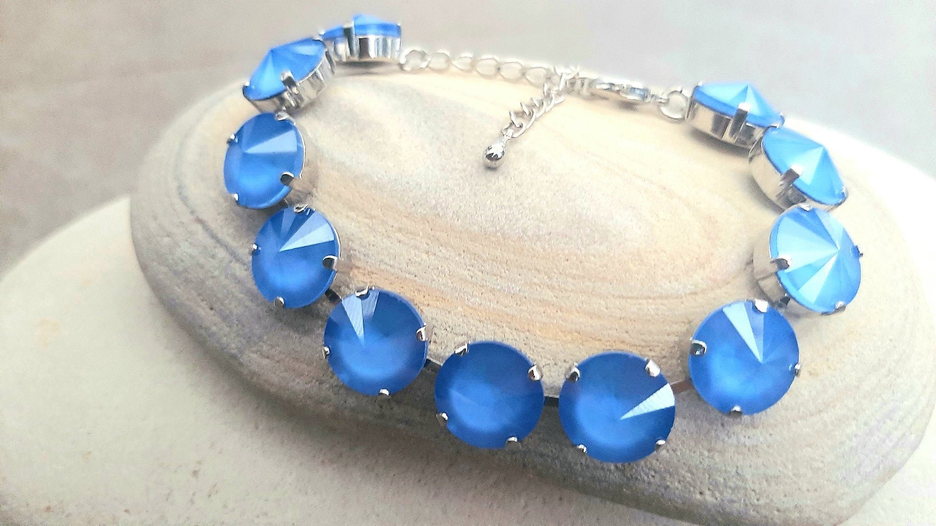 Summer Blue Rivoli Crystal Bracelet 1122, Pantone Color, Trending Jewelry for Women, Silver Tennis Cup chain, Girlfriend Birthday Gift