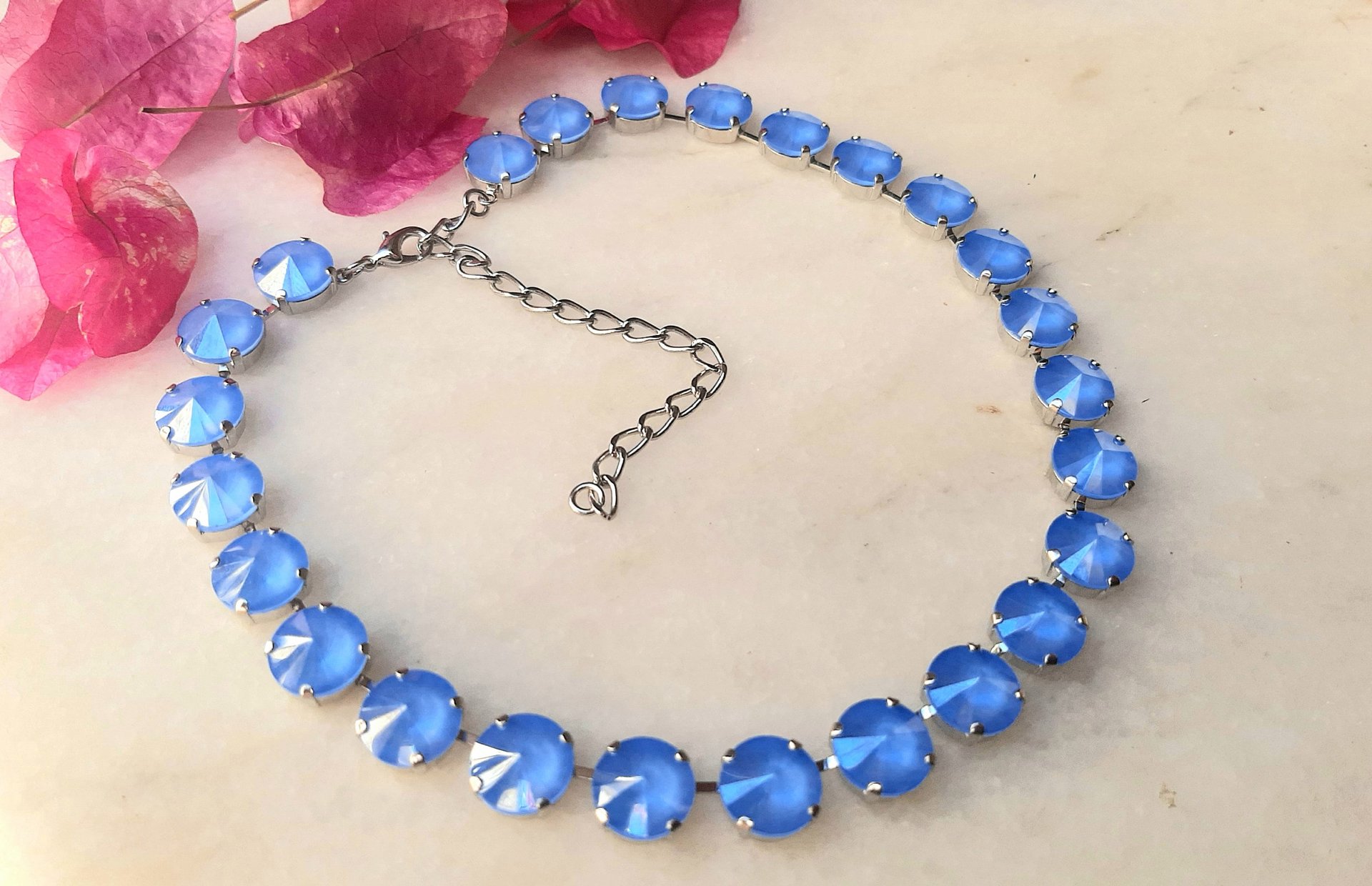 Blue Opal Choker Necklace Anna Wintour Bib Platinum Jewelry Rivoli Crystal 12mm Fashion Jewelry, Girls Birthday Gift