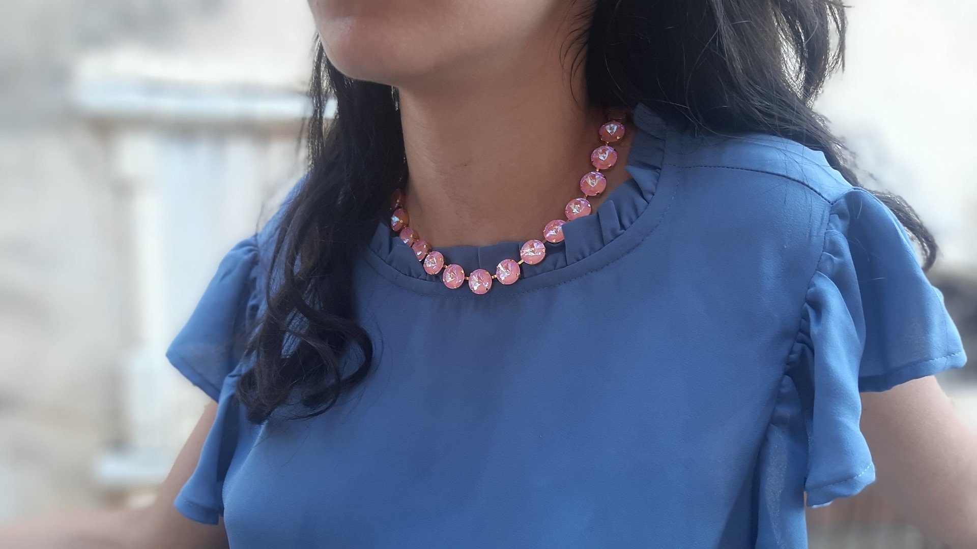 Blue Opal Choker Necklace Anna Wintour Bib Platinum Jewelry Rivoli Crystal 12mm Fashion Jewelry, Girls Birthday Gift