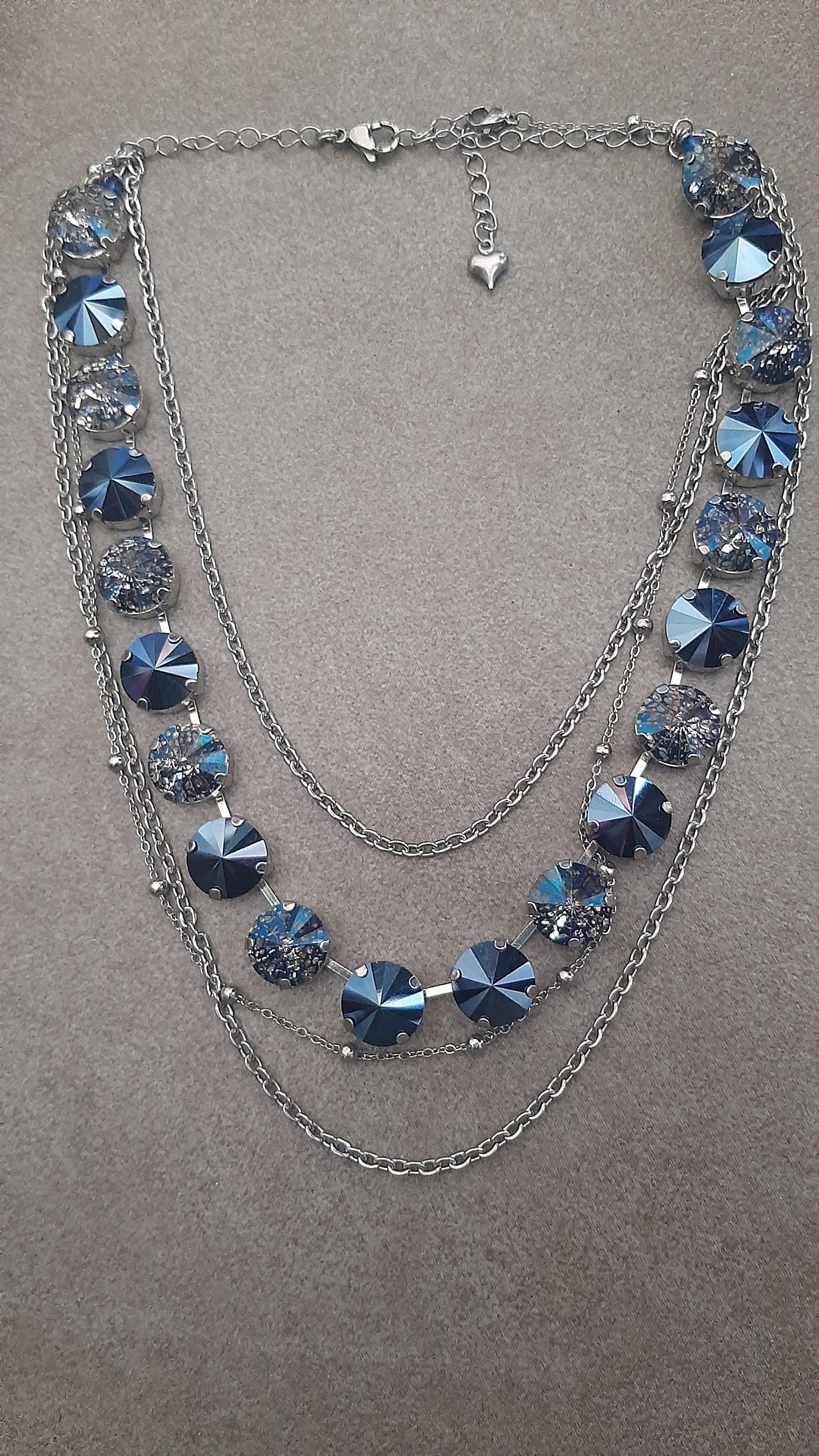 Metallic Blue Crystal Necklace with Layering Stainless Steel Chains