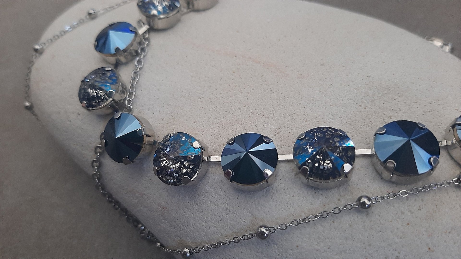 Metallic Blue Crystal Necklace with Layering Stainless Steel Chains