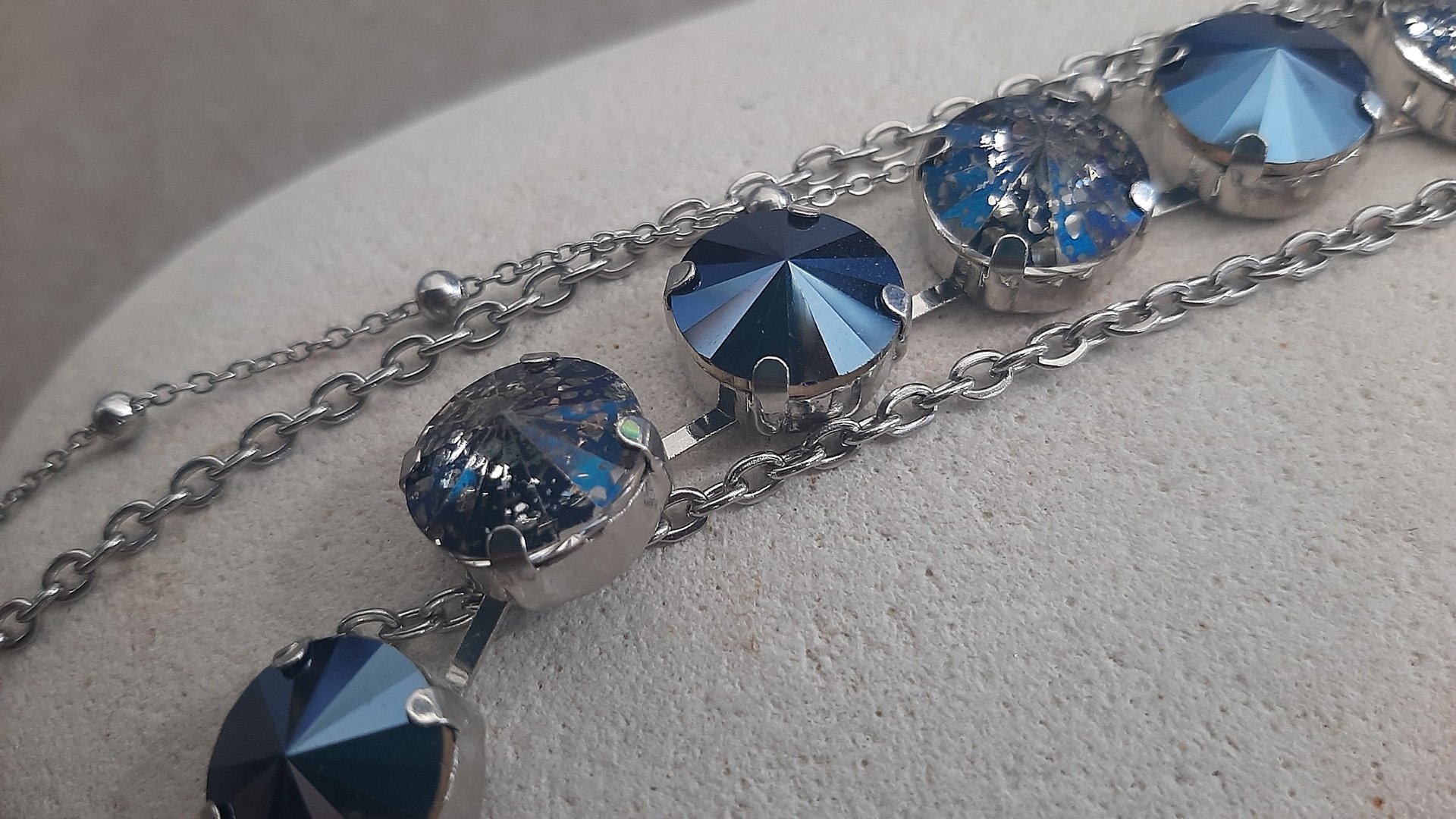 Metallic Blue Crystal Necklace with Layering Stainless Steel Chains