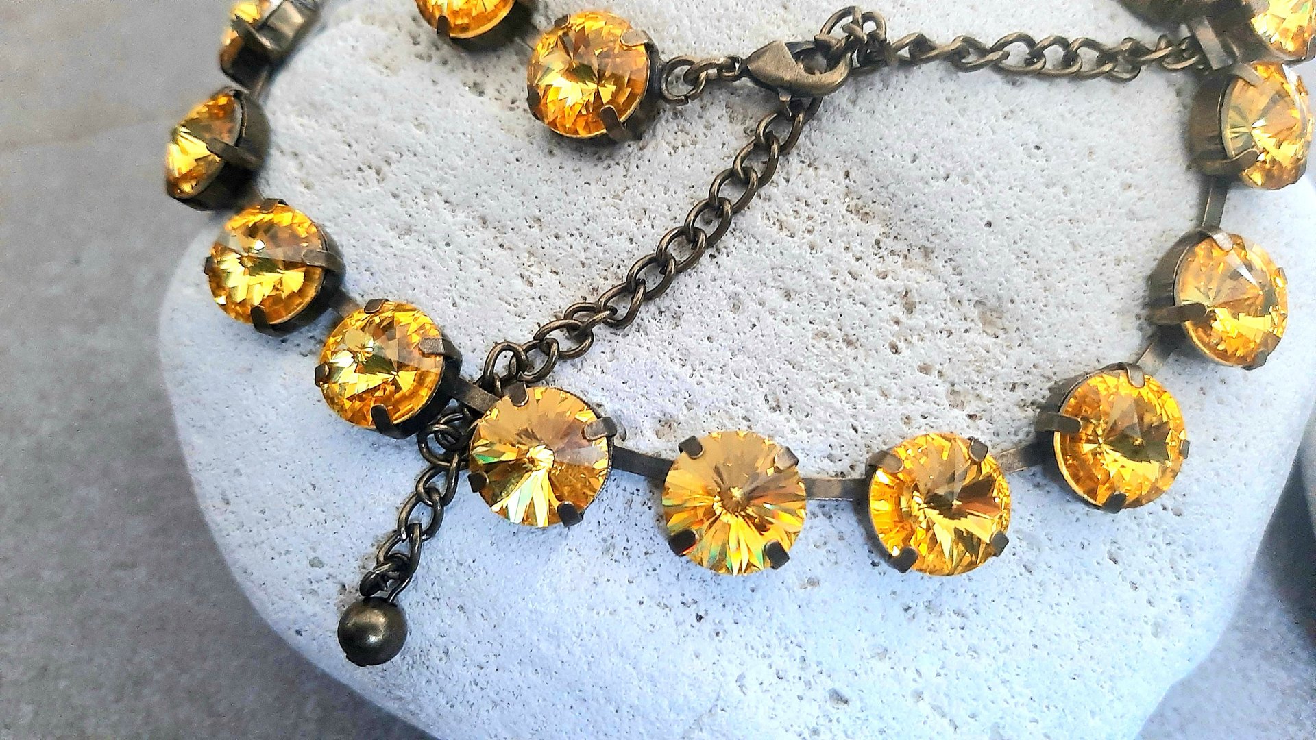 Light Topaz Yellow Rivoli Bronze Necklace, Anna Wintour Crystal Choker, Antique Jewelry, Tennis Cup chain, Girlfriend Gift