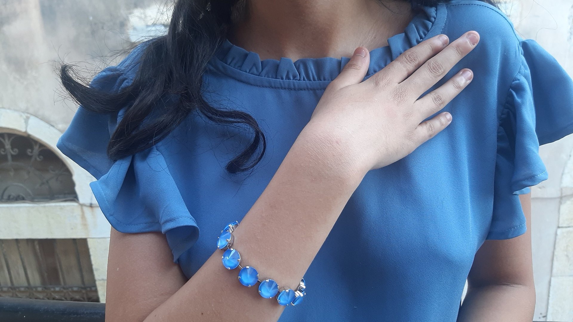 Summer Blue Rivoli Crystal Bracelet 1122, Pantone Color, Trending Jewelry for Women, Silver Tennis Cup chain, Girlfriend Birthday Gift