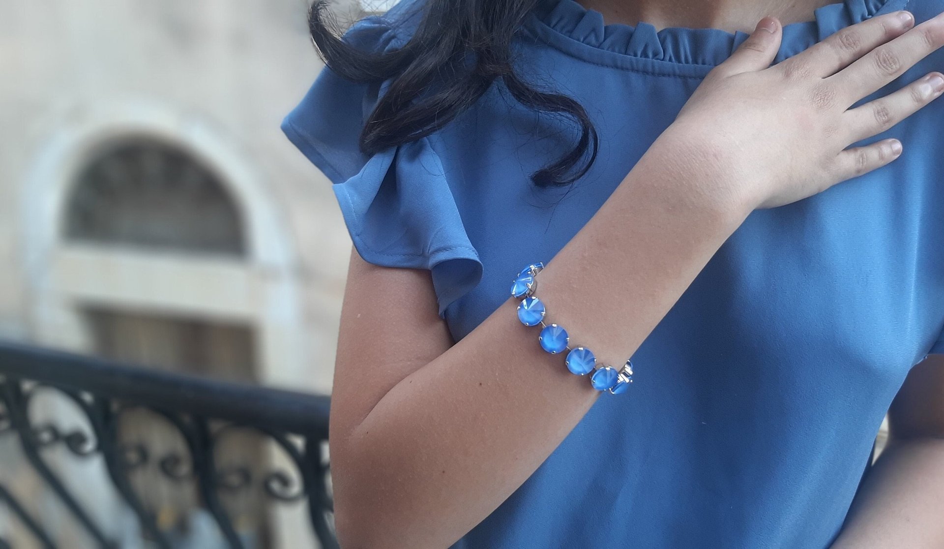 Summer Blue Rivoli Crystal Bracelet 1122, Pantone Color, Trending Jewelry for Women, Silver Tennis Cup chain, Girlfriend Birthday Gift