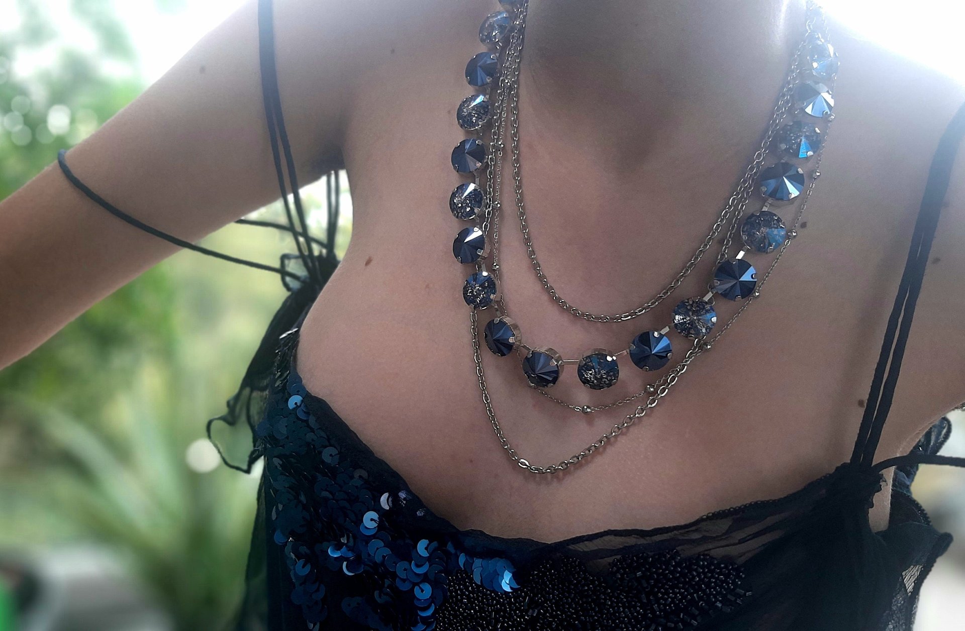 Metallic Blue Crystal Necklace with Layering Stainless Steel Chains