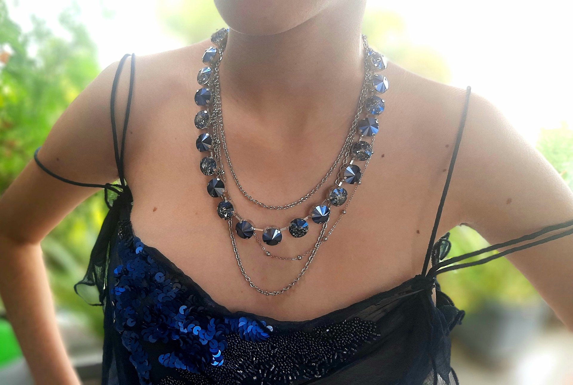 Metallic Blue Crystal Necklace with Layering Stainless Steel Chains