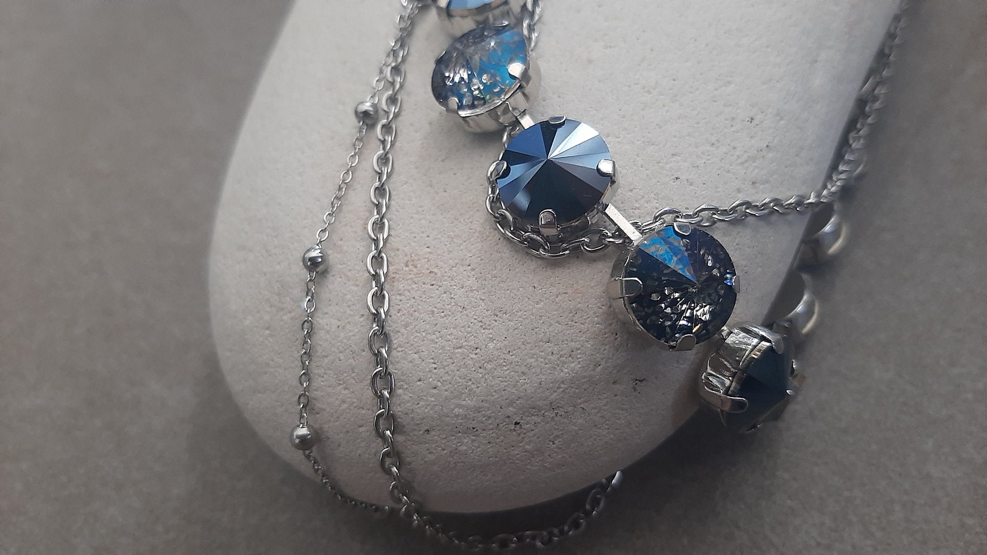 Metallic Blue Crystal Necklace with Layering Stainless Steel Chains