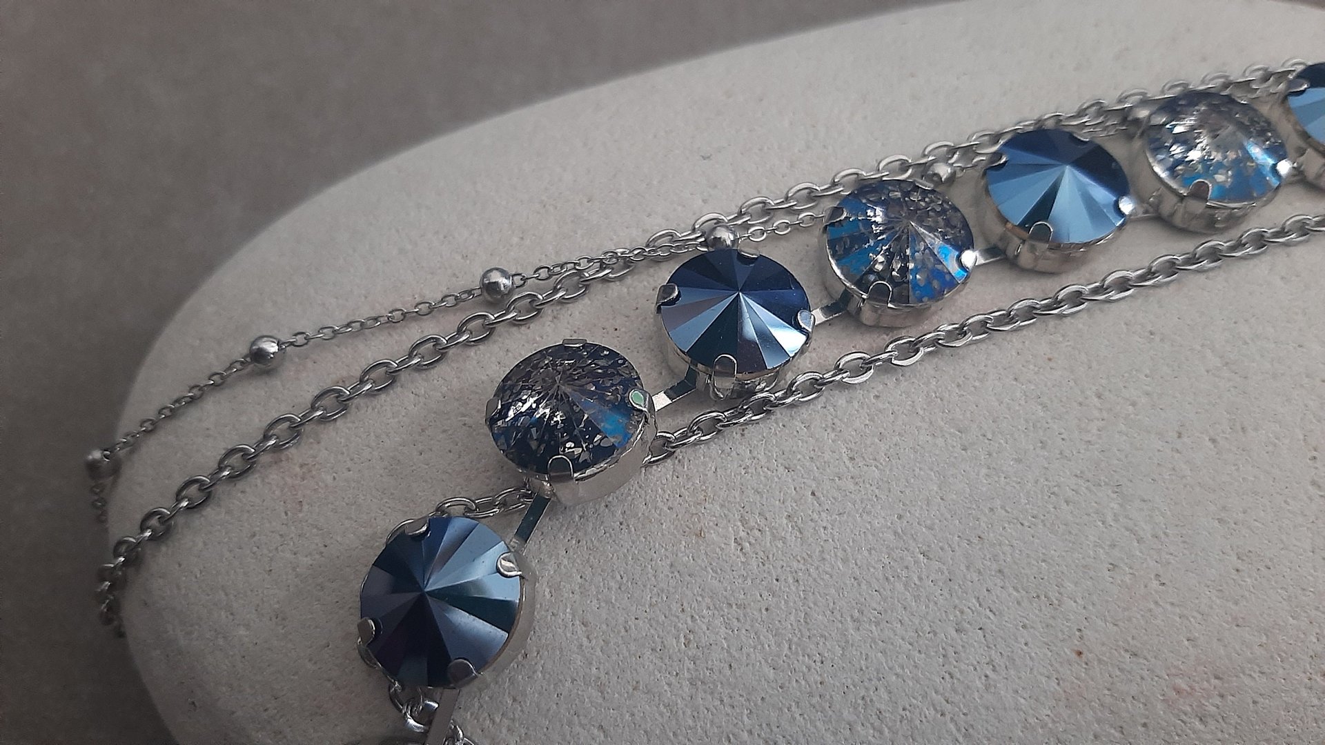 Metallic Blue Crystal Necklace with Layering Stainless Steel Chains