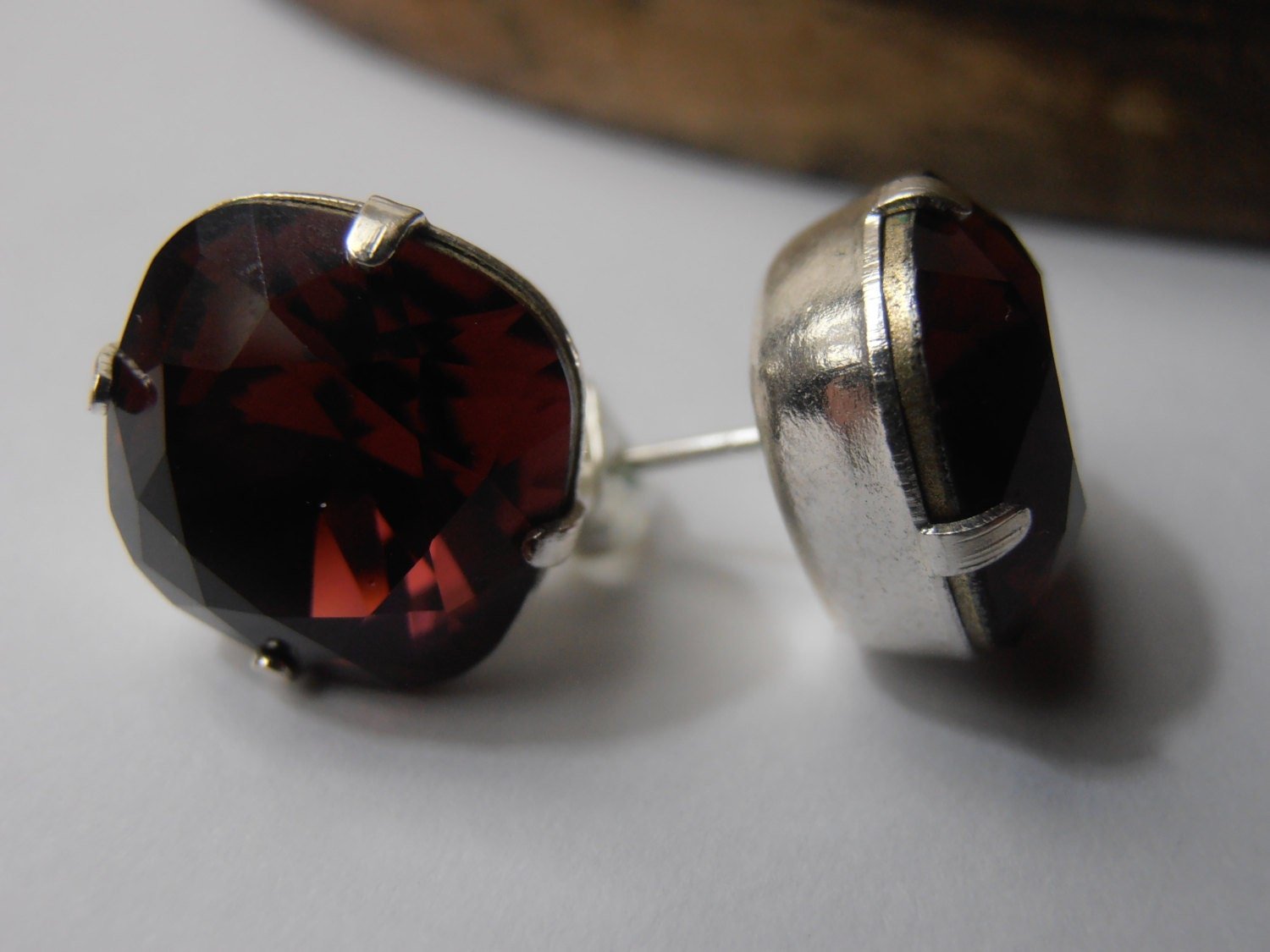 Burgundy Cushion Cut Stud Earrings 4470 / Wine Red Crystals / 12mm Pierced post Jewelry / Square Cut / Birthday Gift