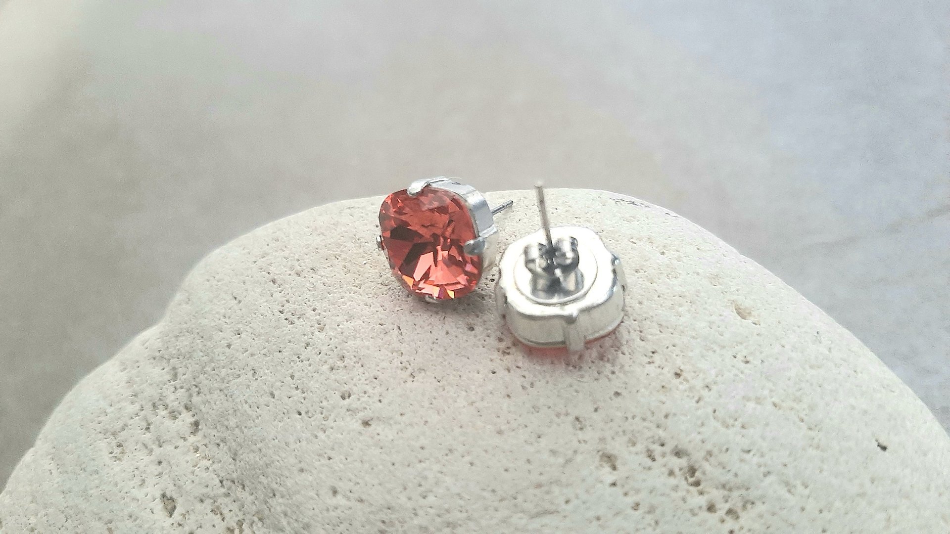 Padparadscha Cushion Cut Stud Earrings, Orange 12mm Crystal, Pierced Post Earrings 4470, Woman Fashion Jewelry