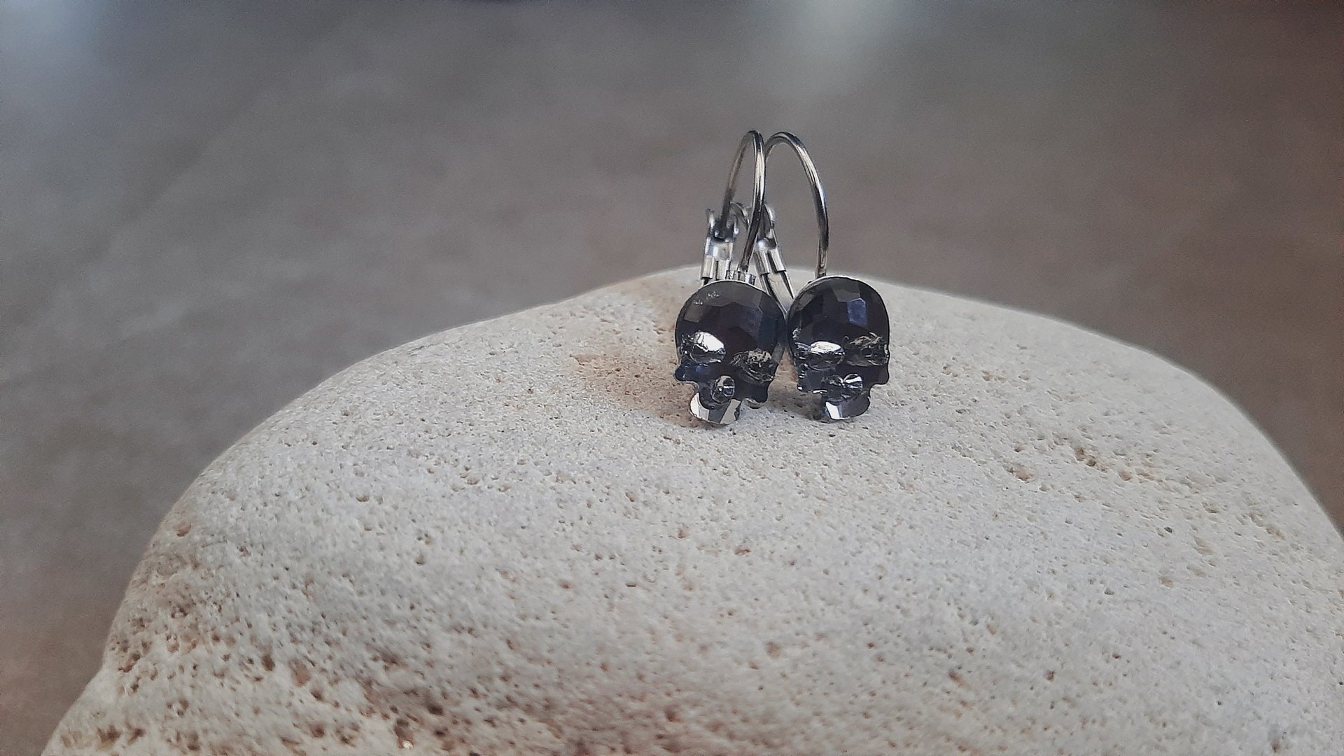 Crystal Jet Skull Halloween Drop Earrings/Ring | Black Gothic Party Jewelry | Women Birthday Gift