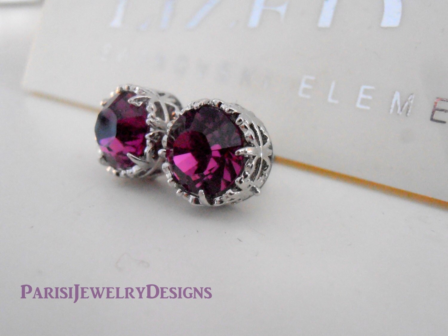 Purple Amethyst Crystal Stud Earrings, Platinum Filigree Pierced Post, Art Deco Jewelry, Girl Christmas Gift