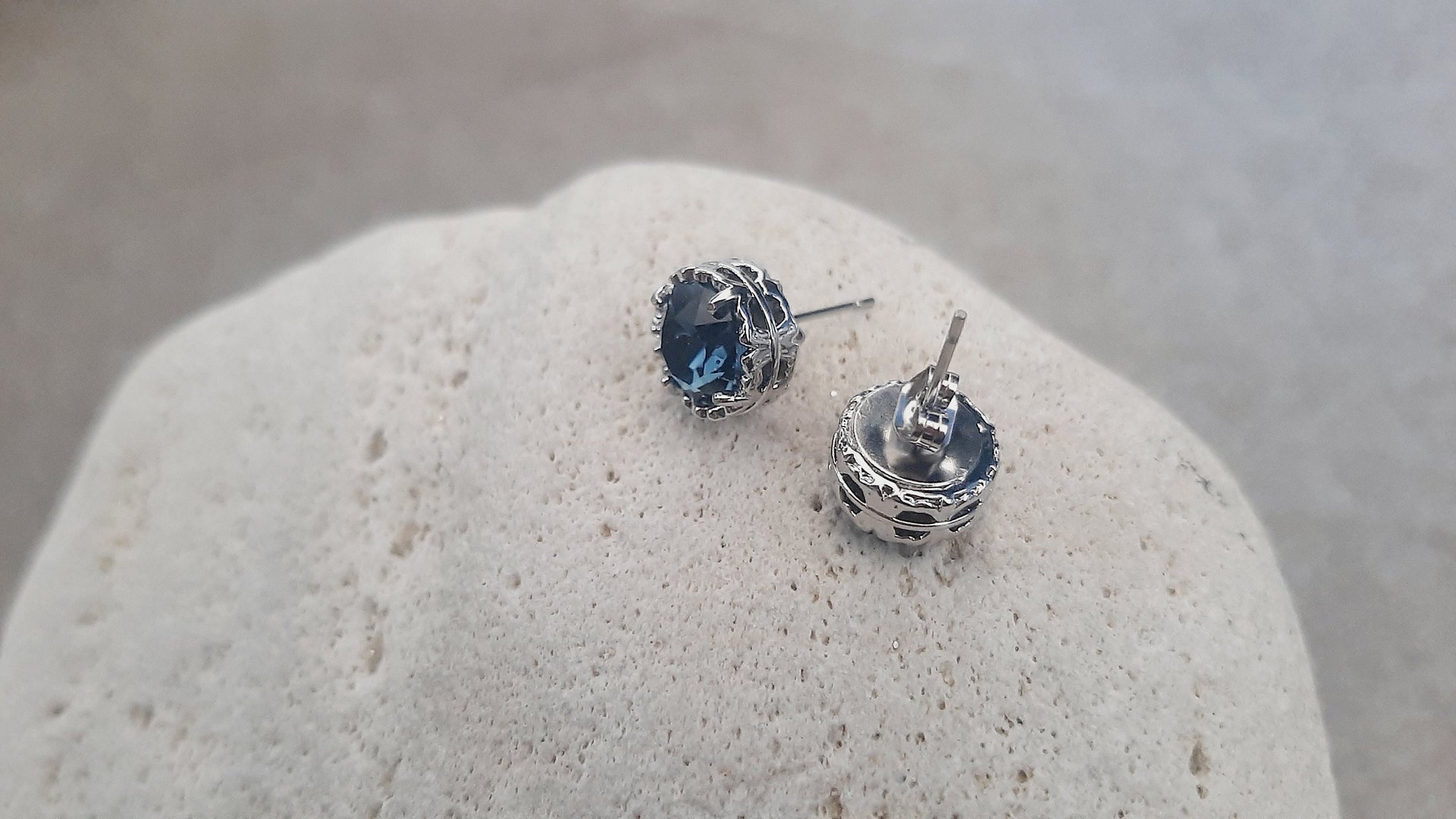 Handcrafted Platinum Filigree Stud Earrings with Dark Sapphire Blue Montana Crystals Art Deco Post Pierced Women's Birthday Gift