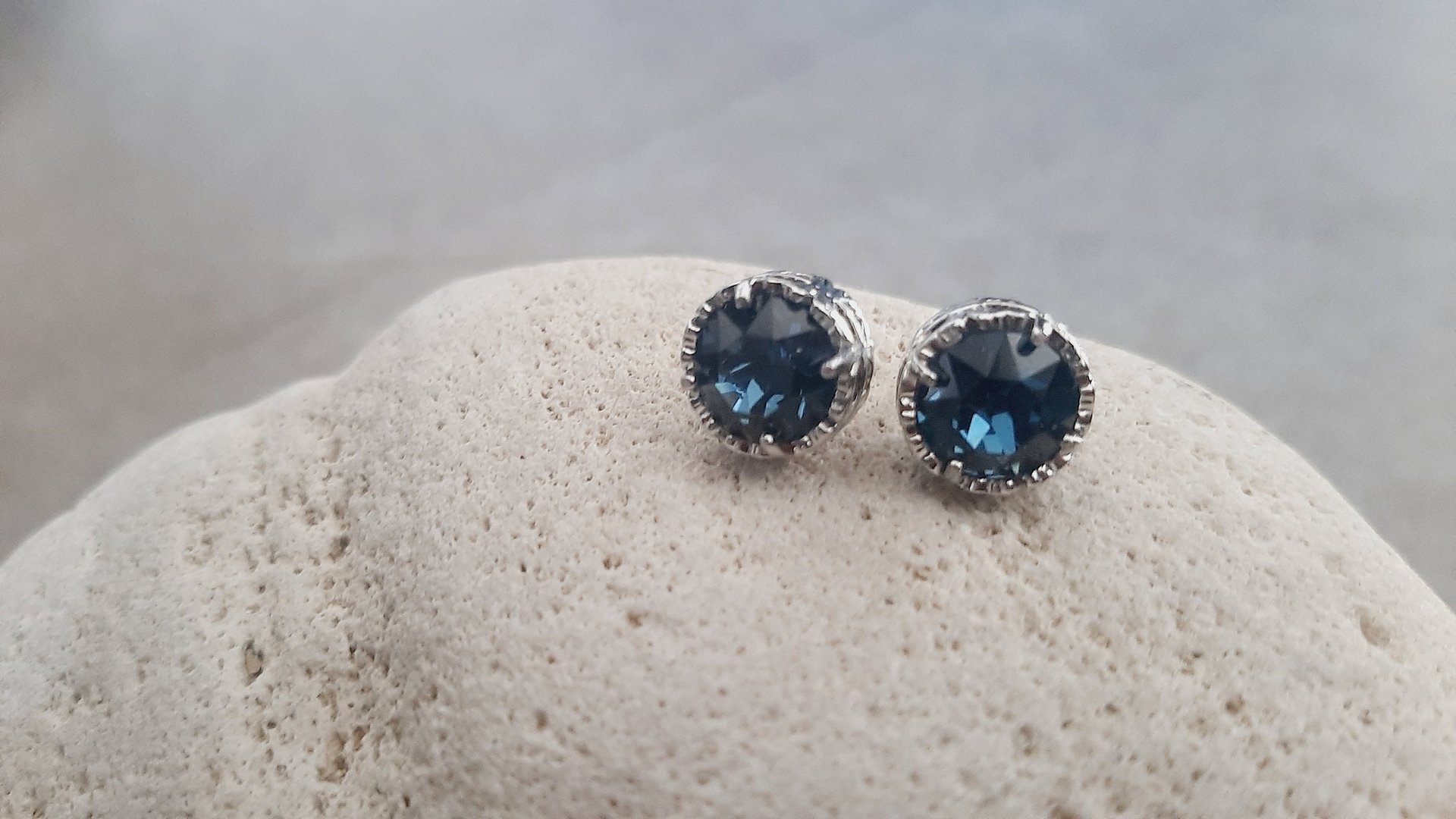 Handcrafted Platinum Filigree Stud Earrings with Dark Sapphire Blue Montana Crystals Art Deco Post Pierced Women's Birthday Gift