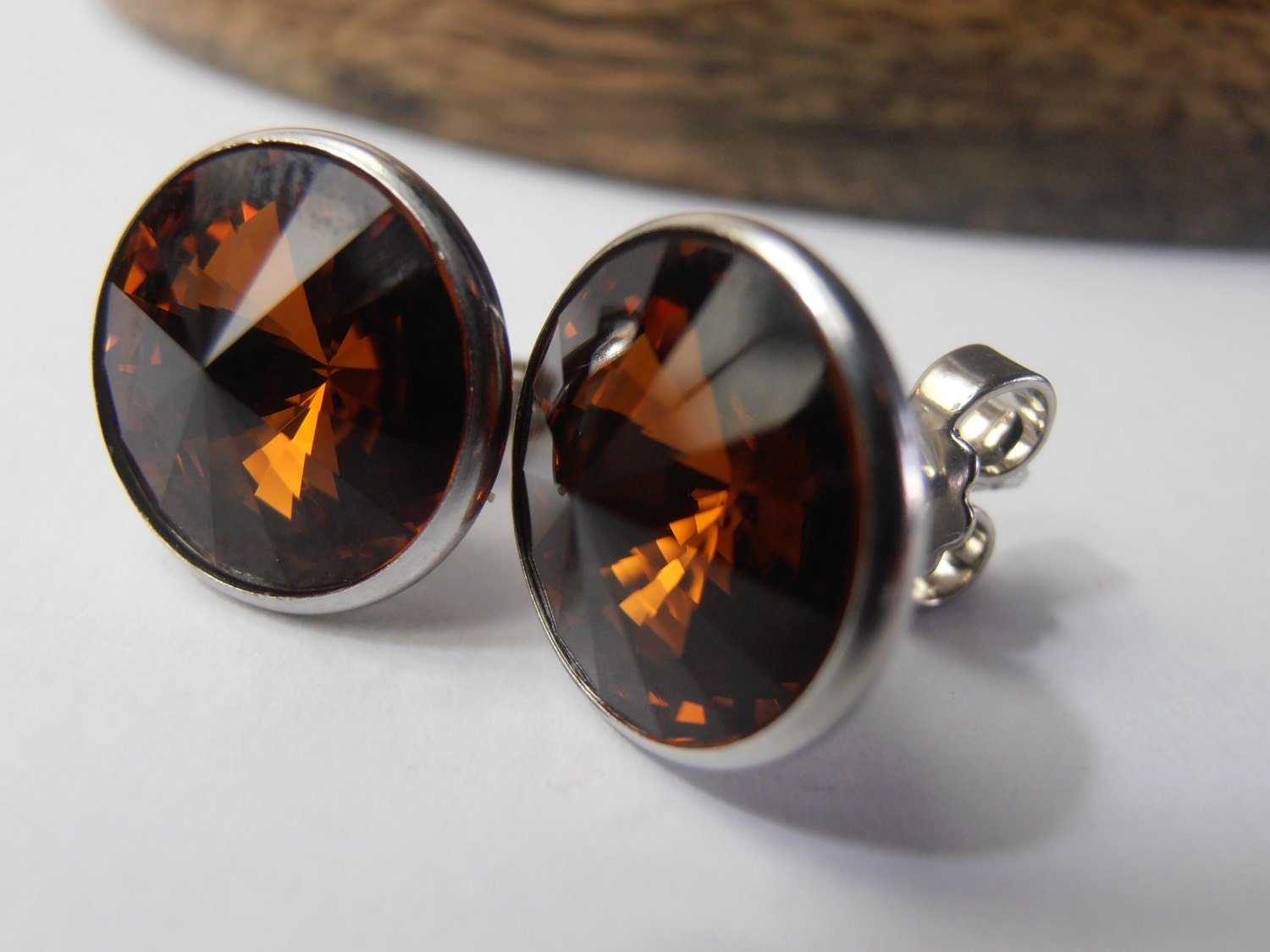 Smoked Topaz Round Stud Earrings / Rivoli Pierced Post 12mm 1122 / Handmade Crystal Brown Jewelry / Birthday Gift / Platinum jewelry