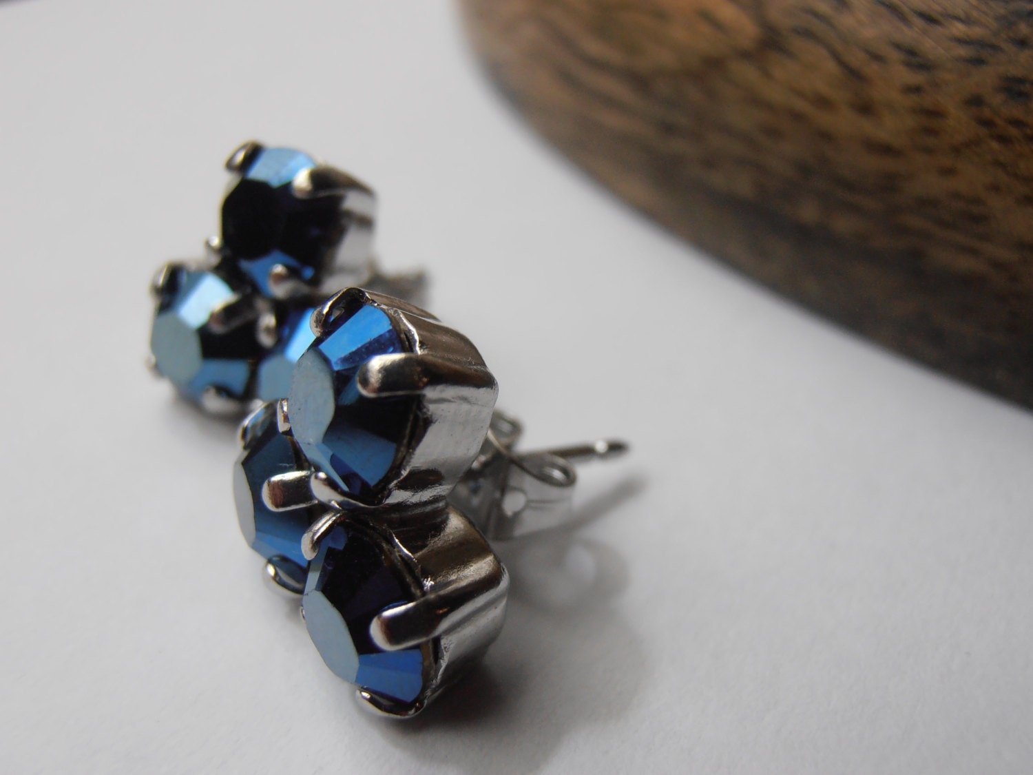 Metallic Blue Girl Flower Studs / Crystal Pierced Post Jewelry / Gift for her / Platinum Plated