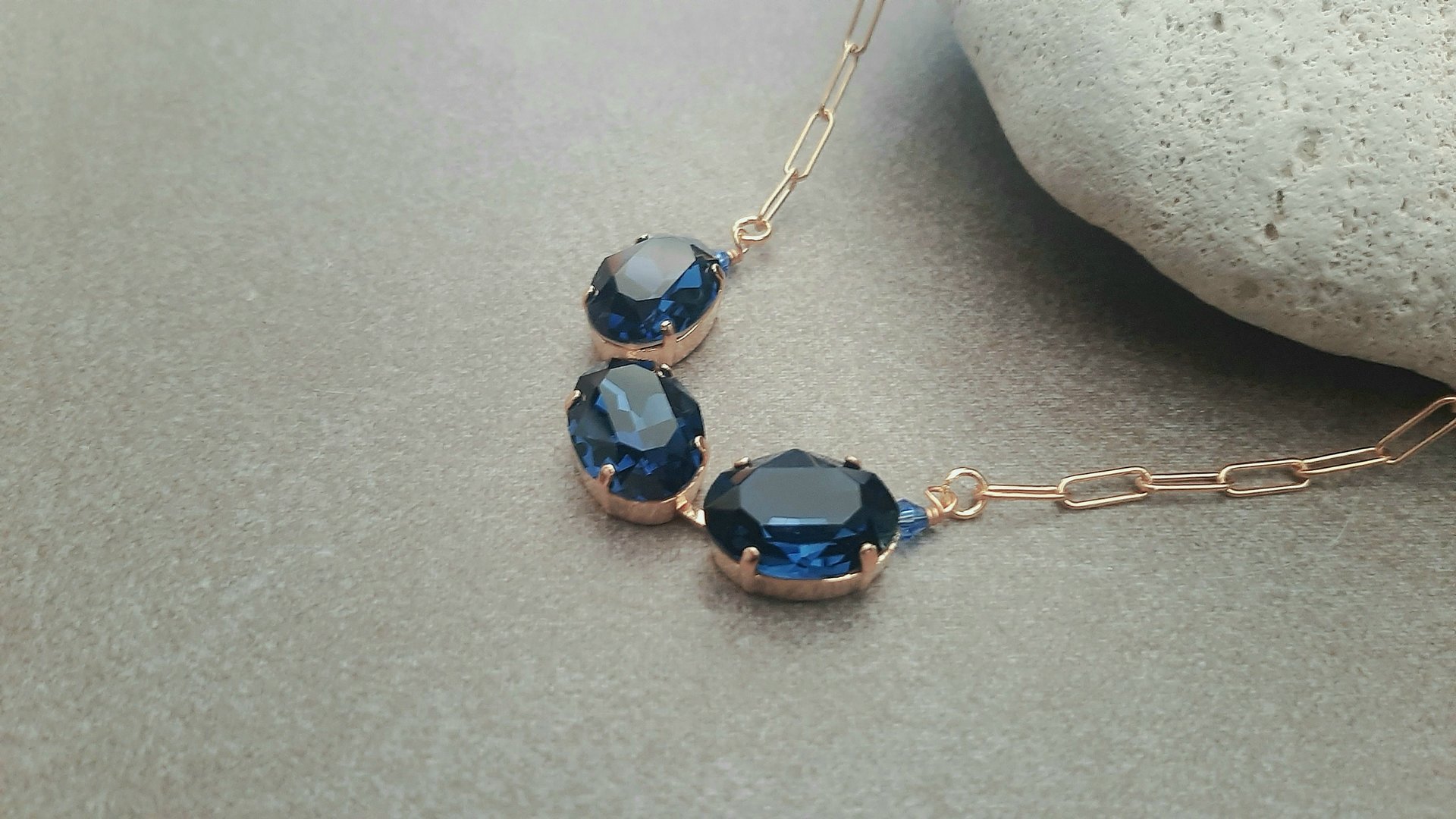 Dark Blue Sapphire Oval Crystal Necklace, Gold Chain Celebration Choker, Tennis Cup chain, Statement Jewelry, Girlfriend Birthday Gift