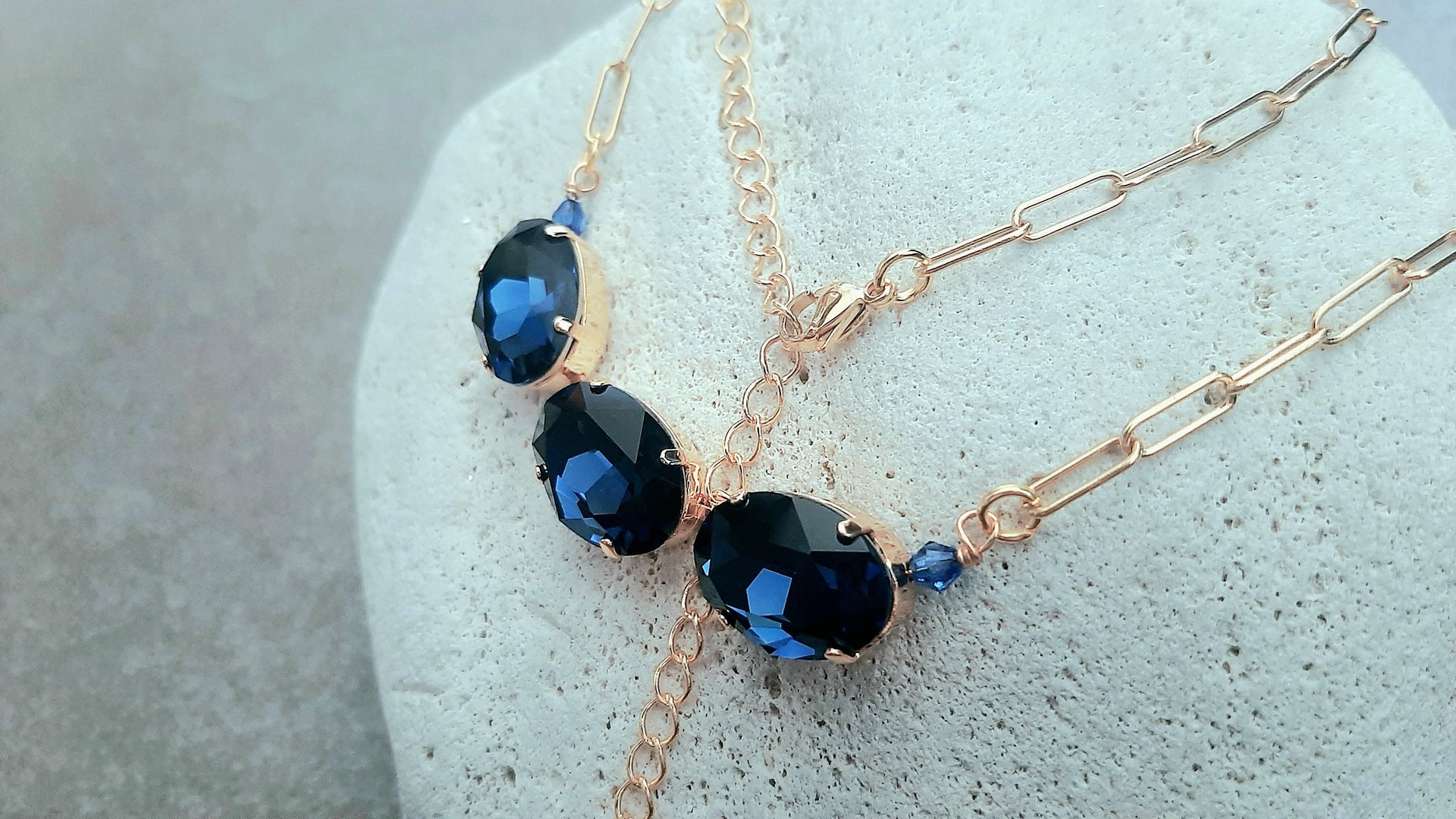 Dark Blue Sapphire Oval Crystal Necklace, Gold Chain Celebration Choker, Tennis Cup chain, Statement Jewelry, Girlfriend Birthday Gift